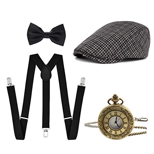 Ziyoot Men's 1920s Accessories Gatsby Gangster Costume Set Gangster Beret Y-Back Suspender - Thumbnail 6