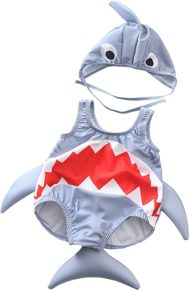 Toddler Kids Baby Girls Boys Cartoon Shark Swimsuit Bathing Suit+Hat