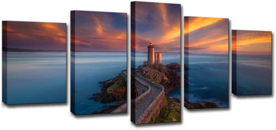 Gzhmw Impression Sur Toile Phare De La Mer De Bretagne 5 Pieces Tableau Decoration Murale D Art Moderne Multi Panneaux Salon Moderne Image Peinture Sur Toile 100x50cm Amazon Fr Cuisine Maison