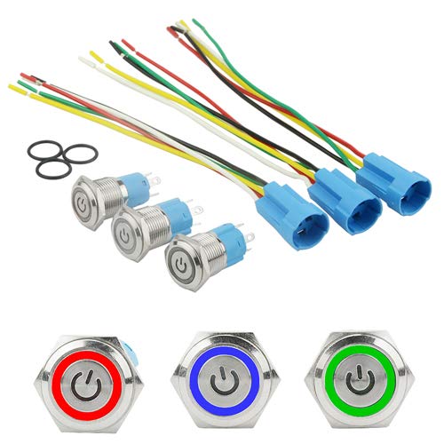 BGTXINGI 3 Sets 16mm 5 Pin Metal Momentary Latching Push Button Switch 1NO 1NC Self-Locking 12V DC On Off Stainless Steel Flat Head Waterproof LED Ring Illuminated Switch with Wire Socket Plug