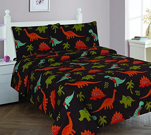 Elegant Home Dinosaurs Jurassic Park Design Multicolor Black Brown Blue Green 4 Piece Printed Full Size Sheet Set with Pillowcase Flat Fitted Sheet for Boys / Kids/ Teens # Dinosaurs Brown 2 (Full)