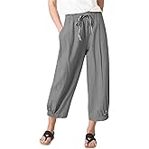 Amlztr Womens High Waist Casual Wide Leg Loose Linen Trouser Capri Wide Leg Cropped Pants with Drawstring