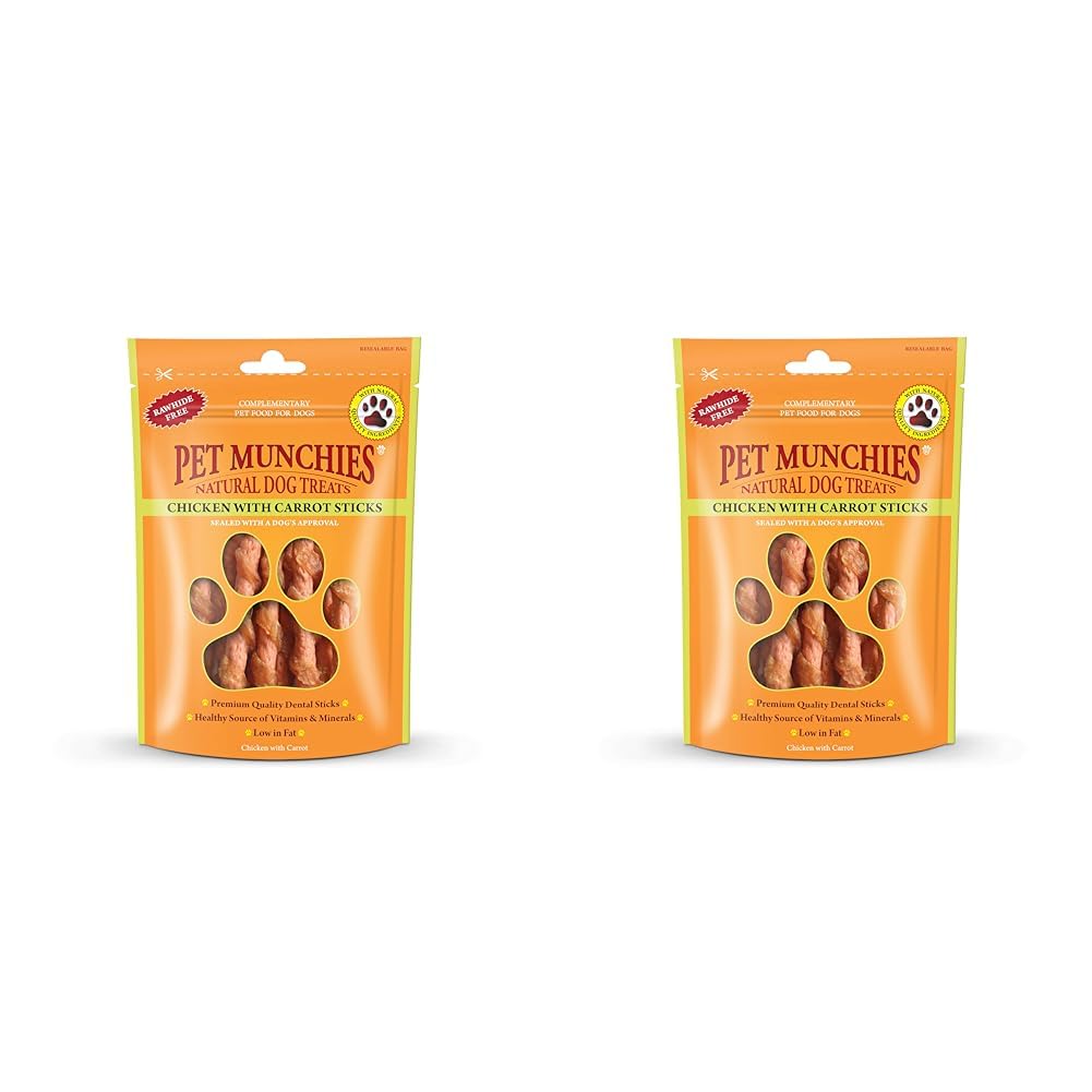 Pet Munchies Chicken with Carrot Sticks Dog Treats, Healthy Dental Chews with Natural Real Meat, Low in Fat 80g (Pack of 2)
