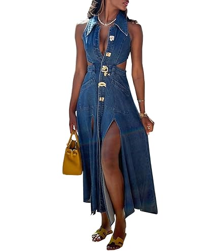 URBAN REVIVO Women's Blue Halter Neck Sleeveless Denim Maxi Dress Cutout Waist Split Hem Vintage Streetwear Dress for Party & Weekend Outings X-Large, Blue at Amazon Women's Clothing store