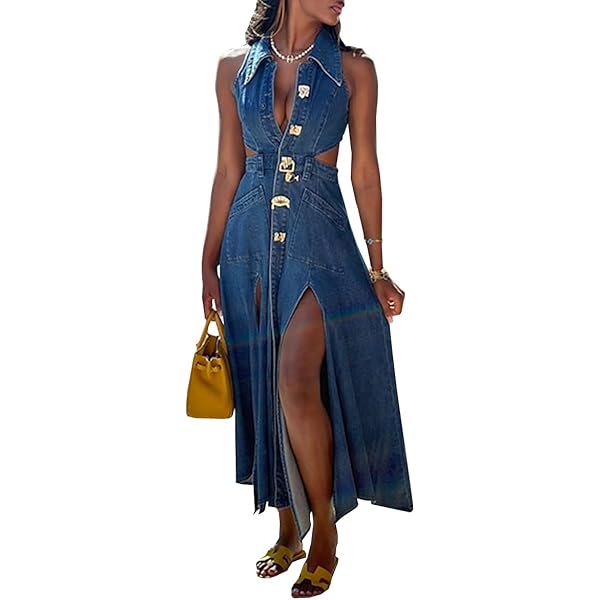 denim dress with buckle Halter Neck Buckle Detail Denim Dress