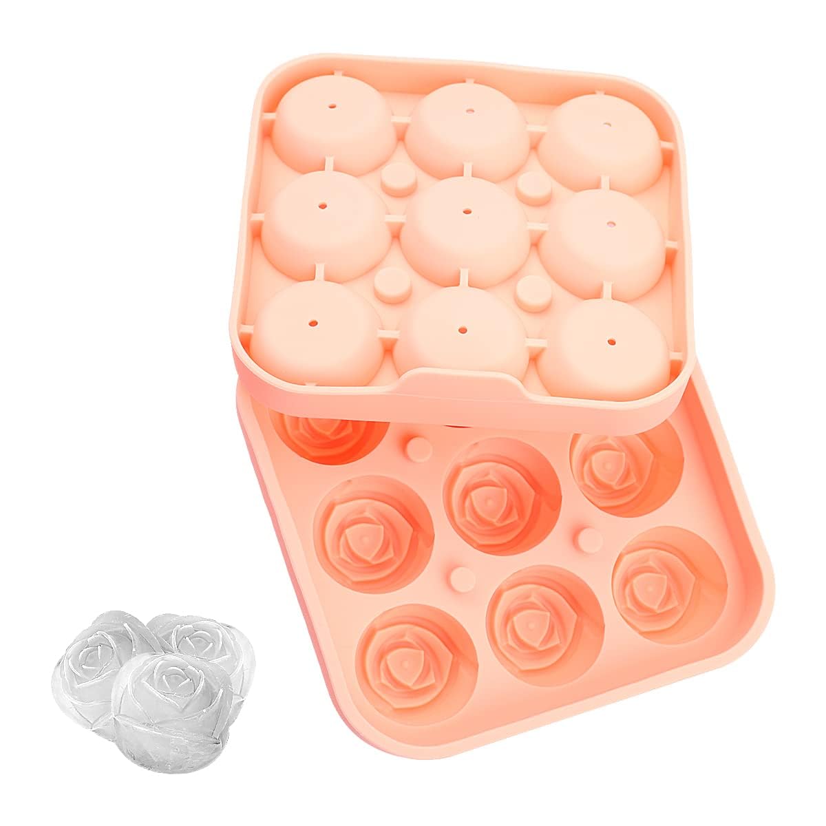 Jagowa Rose Silicone Ice Cube Tray with Lid 9 Cavity Ice Cube Moulds 3D Ice Ball Maker for Making Drinks, Whiskey, Cocktails (Pink)