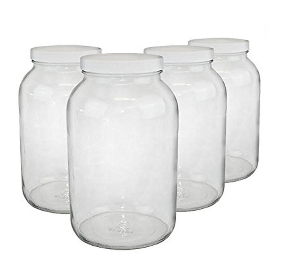 North Mountain Supply 1 Gallon Glass Wide-Mouth Fermentation/Canning Jar With 110mm White Plastic Lids - Case of 4