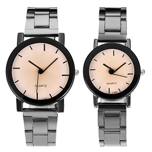 Top Plaza His and Hers Valentine's Day Gift Couples Watches Metal Black Bracelet Watch Simple And Elegant Design Tawny Face