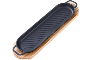 Cast Iron Fajita Skillets Set, Non-Stick Sizzling Plate with Wooden Base, Sizzler Steak Plate, Cast Iron Skillets for Home Ba