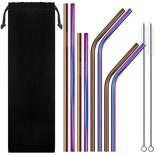 SENHAI Set of 8 Stainless Steel Drinking Straws, 6 mm Metal Bent and Straight Straws for 20 30 Oz RTIC Tumbler Yeti or Ozark Trail Ramblers Cups, with 2 Cleaning Brushes - Colorful, Rose Gold