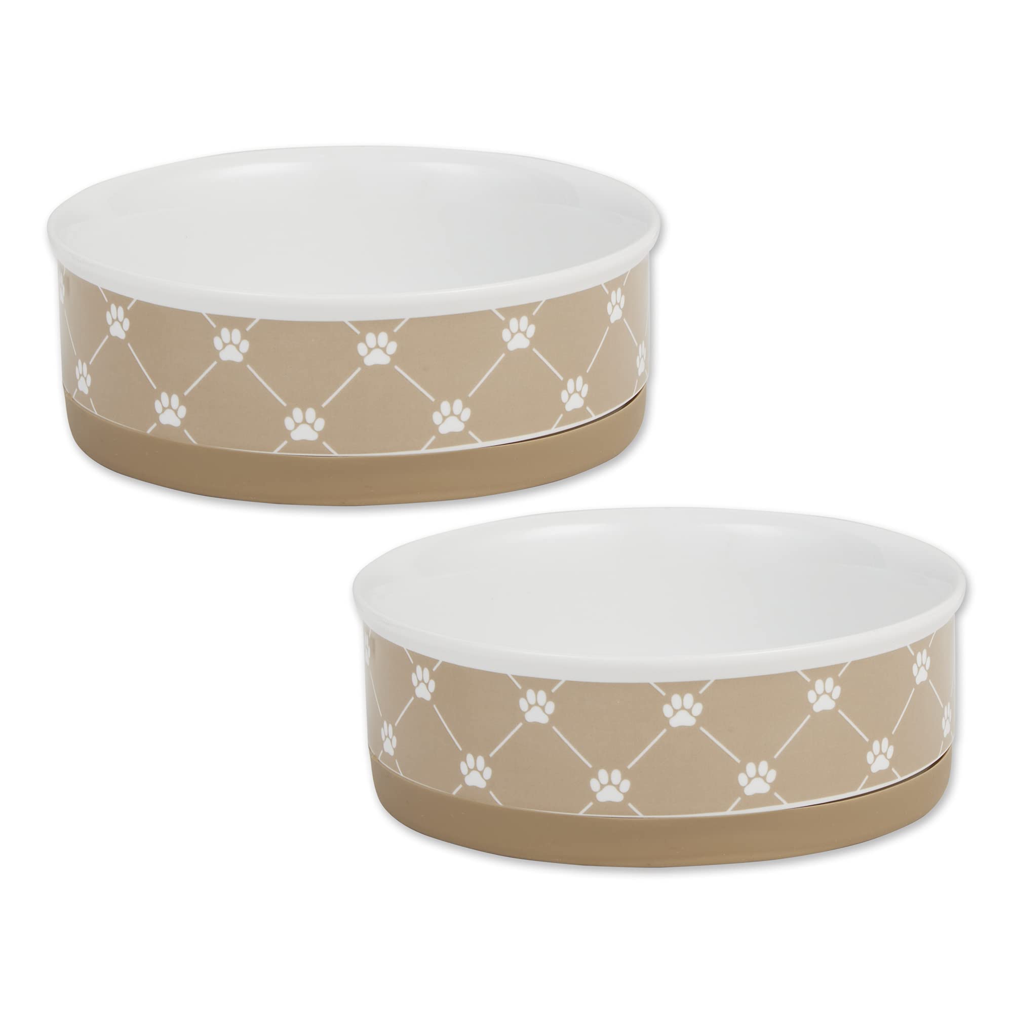 Photo 1 of Bone Dry Trellis Paw Print Pet Bowl Set Microwave & Dishwasher Safe, Non-Slip Silicone Bottom for Less Mess, Medium 6x2, Taupe, 2 Count