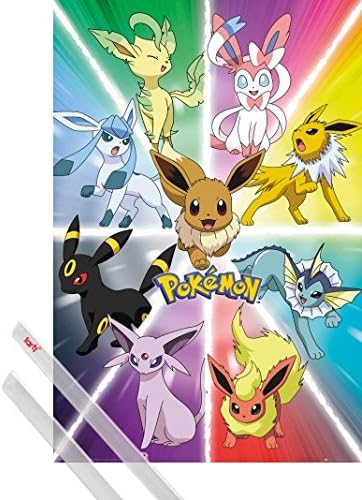 1art1Pokemon Poster (36x24 inches) Eevee Evolution and 1 Set of Transparent Poster Hangers