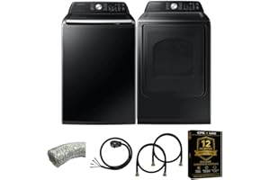Samsung Smart 4.7 Cu Ft Top Load Washer & 7.4 Cu Ft Electric Dryer, Sensor Stops Overdrying, Low Vibration Quiet Wash, WaterJet w/Power Cords, Hoses, Vent Duct, 1 Year CPS Protection Bundle (Black)