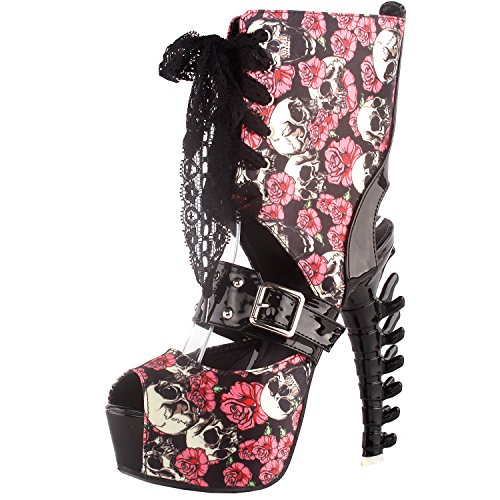 SHOW-STORY-Punk-Skull-Rose-Print-Stud-Buckle-Lace-UpPlatform-Bone-Heel-Club-Ankle-Bootie-SandalsLF80663