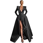 A-Line Prom Gown Bling Sequin Satin Ball Gown with Pockets Pleated Long Sleeve Formal Evening Dresses Deep V-Neck JS0008
