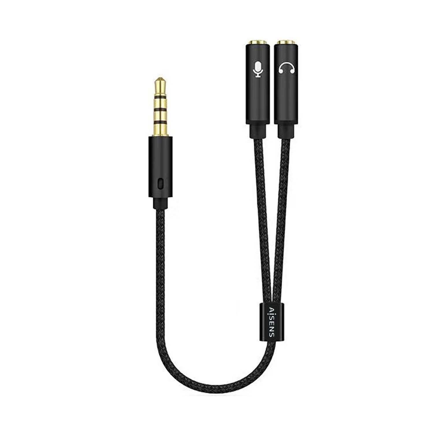 AISENS A128-0416 Audio Jack 3.5 4pin/M-2xJack 3.5 3pin/H Adapter Cable, Black, 25cm