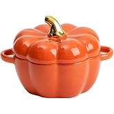 LIDSCURA 15 Oz Ceramic Pumpkin Soup Bowl with Lid, for Halloween &amp; Thanksgiving Soup Serving, Mini Baking Pottery Dessert Saucepan，Pumpkin-Shaped Storage Jar, Double Ear Pumpkin Dessert Bowl（Orange）