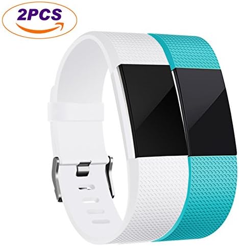 Hossom For Fitbit Charge 2 Bands Accessories, Silicone Replacement Strap Accessory Sport Bands Strap for Charge 2 HR Fitness Wristband/Fitbit Charge 2-2 Pack (White/Blue, Large)
