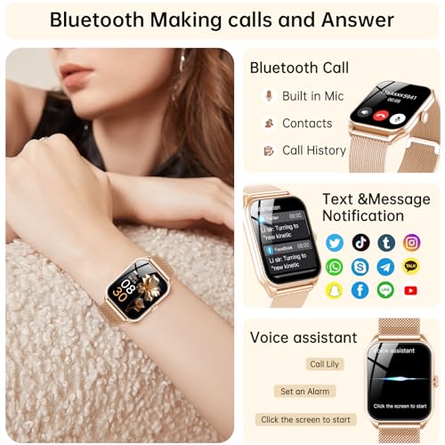 Smart Watches for Women, 1.85"HD Fitness Watch with Bluetooth Calling, Health Tracker for Sleep/Heart Rate/SpO2, 120+ Sports, 200+ Dials, IP68 Waterproof, Smart Watch for Android iOS (Rose Gold)