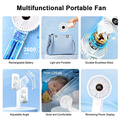 Mini Portable Handheld Fan, 3600mAh Rechargeable Small Fan, USB Fans Portable Battery Operated 6 Speeds, Pocket Ventoinha Table Silent Battery, Portable Hand Fan Foldable White