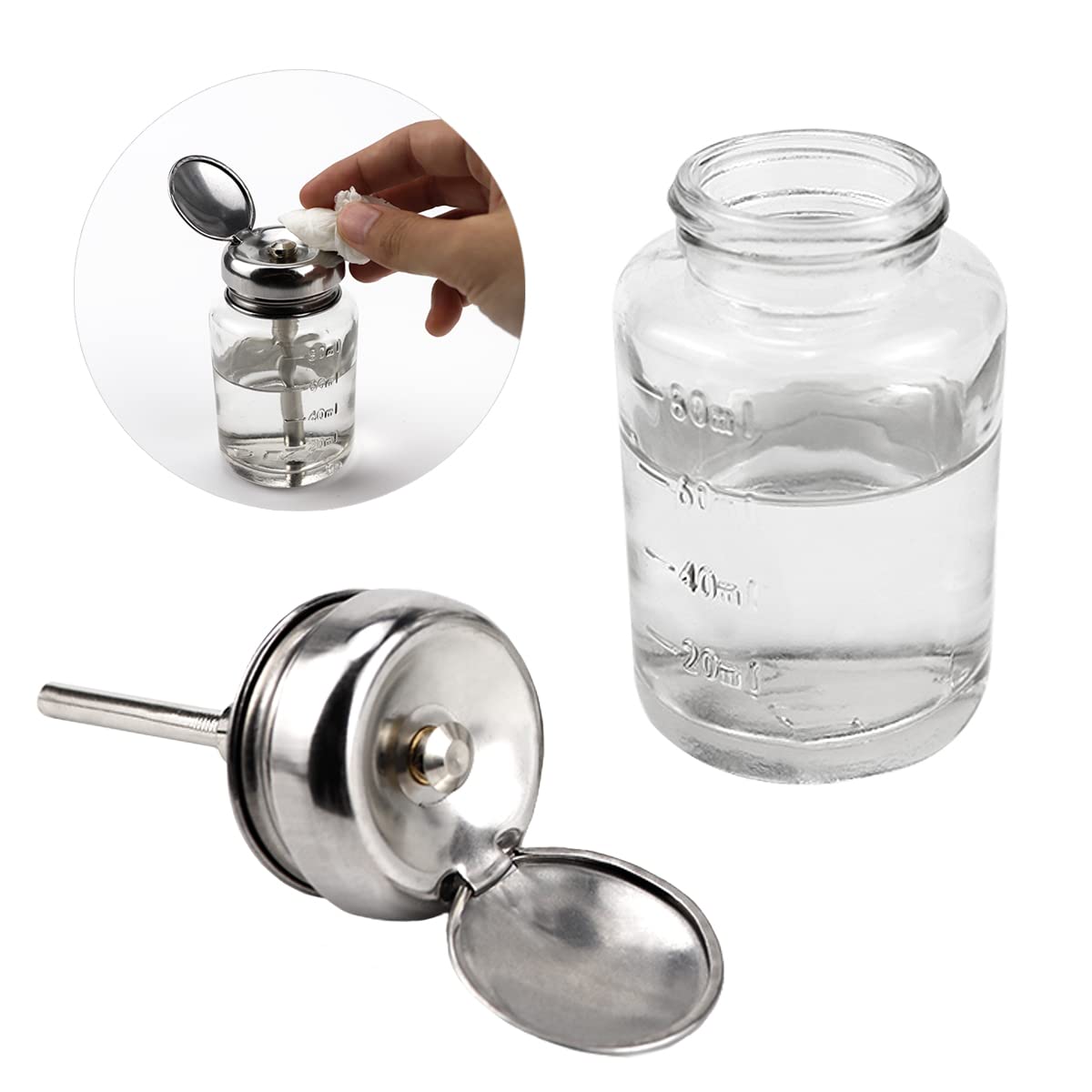 FERCAISH 110ml 1 Touch Clear Glass Bottle, Professional Clear Glass Pump Dispenser Bottle with Flip Top TOP and Measuring Scales, for Nail Polish Remover, Alcohol or Other Liquids (A)