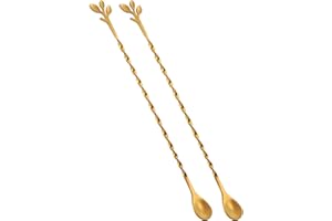 AnSaw Gold 10-Inch Stainless Steel Cocktail Spoon with Leaf Handle - Perfect for Mixing & Layering Drinks in Tall Cups, Bar & Shakers - Durable Long Handle Bar Stirrer,2-Pieces