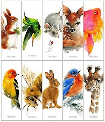 Bookmarks - Set of 10 different bookmarks created from original watercolors. Animal Bookmarks Gift - Hummingbird Giraffe Mouse Deer Hare Honey Bee Red Squirrel Pink Fish Bluebird
