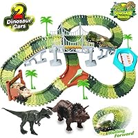 HOMOFY 157PCS Dinosaur Toys Race Car Flexible Track Sets, 1 Turntable, 2 Slopes,3 Dinosaurs, 2 Dinosaurs Car, Playset Toys for 3 4 5 6 7 Years Old Girls Boys Kids Toddlers Gifts