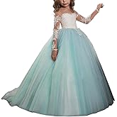 Abaowedding Lace Embroidery Sheer Long Sleeves Kids Trailing Gowns