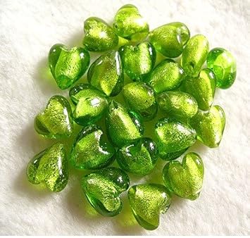 Herz Glasperlen mit Silberfolie, Limettengrün, A4111, 12 mm, 10 Stück