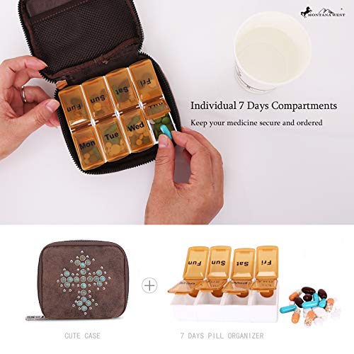 Weekly Pill Organizer Box Case, Cute Travel Pill Vitamin and Supplement Holder Day Night -Faux Leather Carrying Case Included SW MW1013-193CF