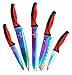 SiliSlick Kitchen Knife Set, Rainbow Titanium Coated Stainless Steel, Ergonomic Red Handle, Chef, Santoku, Paring, Utility, Bread Knives, Protective Covers, 14