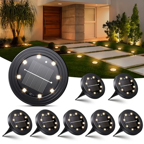 NIBSHOOM 8 Pieces Solar Garden Lights, IP68 Waterproof Outdoor LED Solar Spotlights, 8 LED Long Lasting Lamps, Outdoor Lights for Garden, Patios (Warm White)