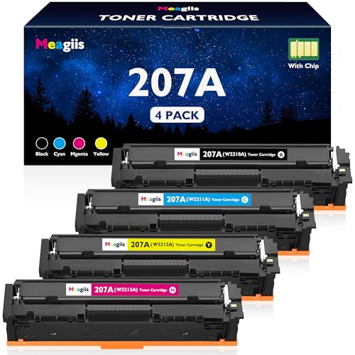 Meagiis 207A Toner Cartridges with Chip Compatible for HP 207A 207X for HP Color Laserjet Pro M255dw M255nw MFP M283fdw M283fdn M282nw W2210A W2211A W2212A W2213A (1 Black, 1 Cyan, 1 Magenta, 1 Yellow (1 Yellow
