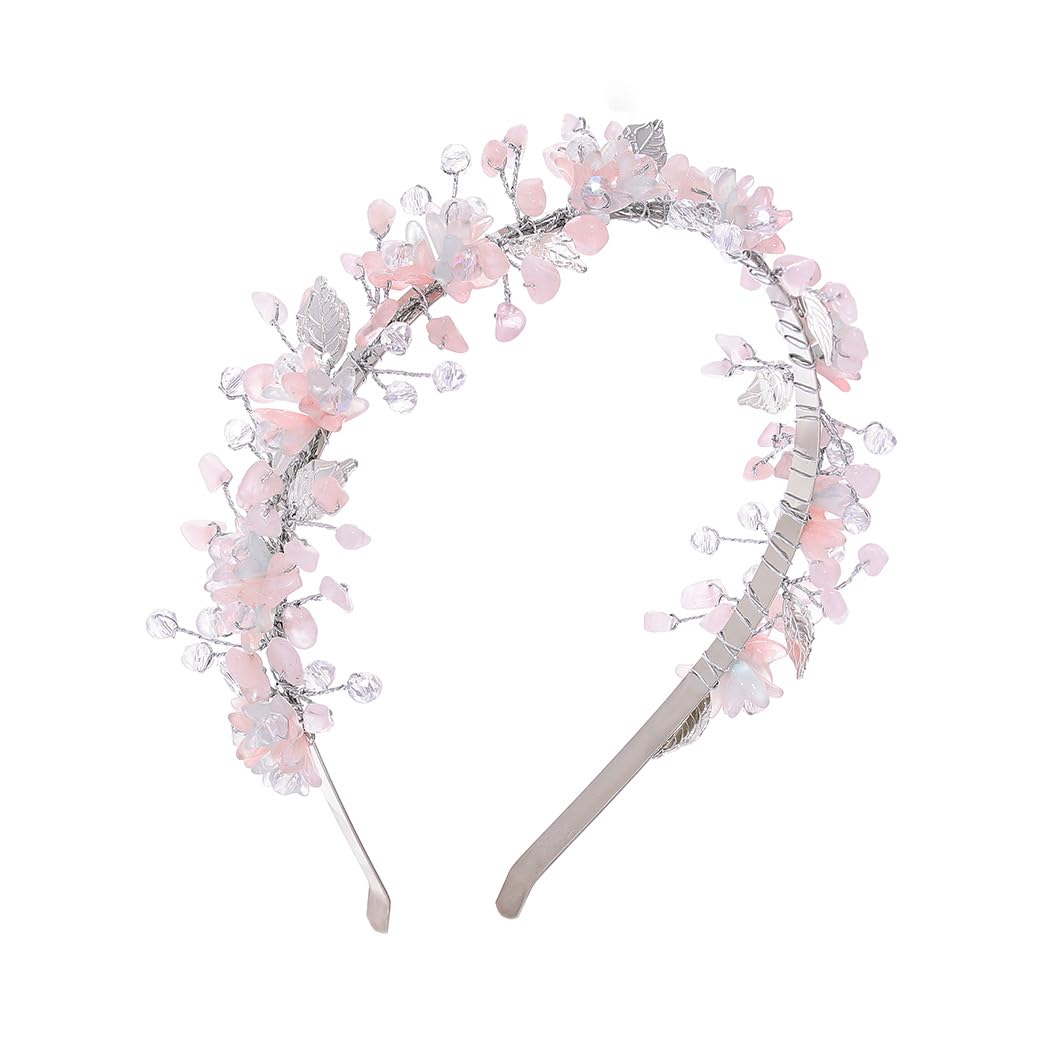 IYOU Quartz Princess Headband Pink Flower Crystal Headpiece Rhinestone Leaf Communion Wedding Hair Accessories for Flower Girls