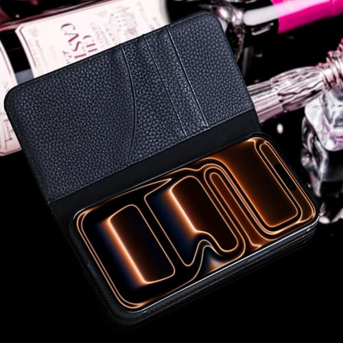 LANJLM iPhone 17 Pro Wallet Case Genuine Leather Antimagnetic Card Holder Flip Cover Shockproof iPhone 17 Pro Cases - Black