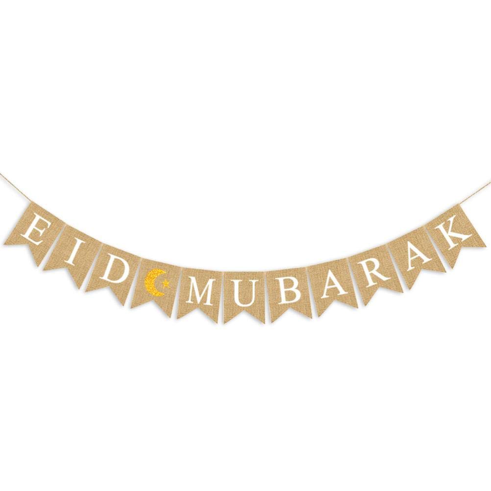 Sahgsa Eid Mubarak Banner Hessian Muslim Ramadan Bunting Decoration Eid Celebration Hanging Banner Muslim Islam Ramadan Decoration