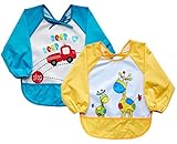 Leyaron Unisex Infant Toddler Baby Waterproof Sleeved Bib, Blue Car and Yellow Giraffe, Set of 2, 6 Months-3 Years