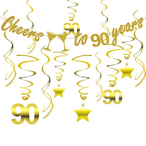 Gold 90th Birthday Party Decorations KIT - Cheers to 90 Years Banner, Sparkling Celebration 90 Hanging Swirls, Perfect 90 Years Old Party Supplies 90th Anniversary Decorations