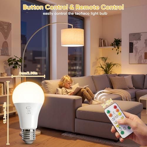 TaoFiaCo E27 Rechargeable Light Bulb with Remote Control – Battery-Free Bulb 3 Colours Dimmable USB 7W Button Control Pack of 2