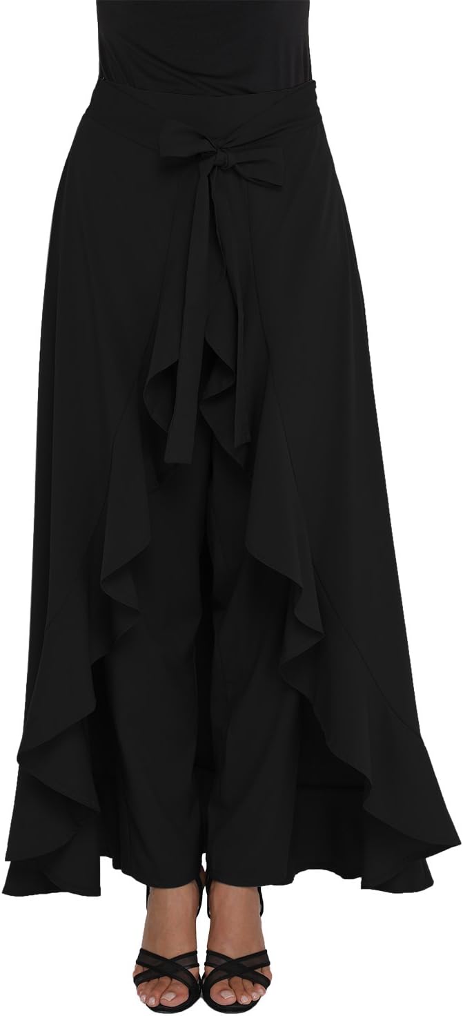 Women Fashion Style Chiffon Tie-Waist Ruffle Wide Leg Palazzo Pants Sash Tie Overlay High Split Long Palazzo Skirt Pants