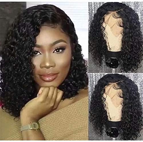Curly Bob Wig Synthetic Peruvian Virgin Human Hair Glueless Lace Front Wigs with Pre Plucked Hairline Bleached Knots Short Bob Hair for Women 130% Density
