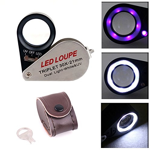 aokur 30 x 21 mm Juwelier Lupe Lupe Triplet Eye Optisches Glas Lupe LED-Licht UV-Dual Beleuchtung