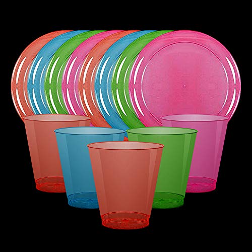 Disposable Neon Party Essentials Plates + Cups Set 40 Pack Assorted