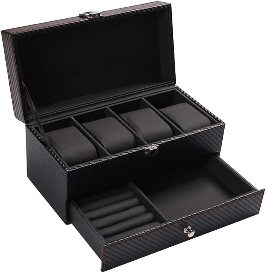 LRXHGOD 4-bit Watch Box/Wooden Double Deck Drawer Jewelry Box/Ring Necklace Storage Box Black