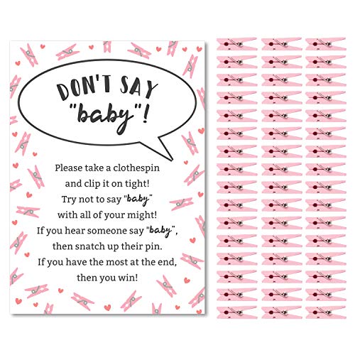 Don't Say Baby Game for Girls Baby Shower Clothespin Game Includes One 5x7 Sign and 48 Mini Pink Clothespins