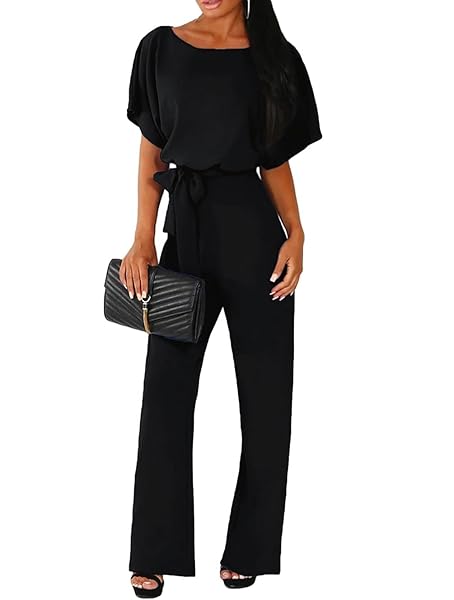 BBKKUCK WOMENS ELEGANT FORMAL ROMPERS DRESSY WIDE LEG LONG PANTS JUMPSUITS TIE WAIST BELTED WEDDING GUEST JUMPERS, LARGE, 3-BLACK