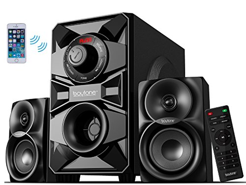 Boytone BT-328F, 2.1 Wireless Bluetooth Multi Media speaker, powerful home theater speaker systems, FM Radio, SD, USB ports, AUX, DVD input, 2500 watts PMPO, remote control, for smartphone, Tablet