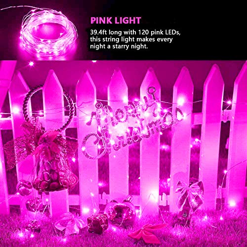 BOLWEO 2 Pack Pink Solar Fairy Lights Decorative, 39.4Ft Solar Deck Lights, 120LED Solar Fence Lights, Waterproof Starbright Rope Outside Home Garden Pathway Yard