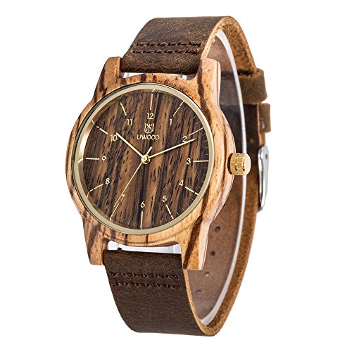 Uwood Men's Wooden Watch Handmade Classic Wooden Quartz Movement Casual Wrist Watch with Cowhide Leather,Christmas Gift (A)